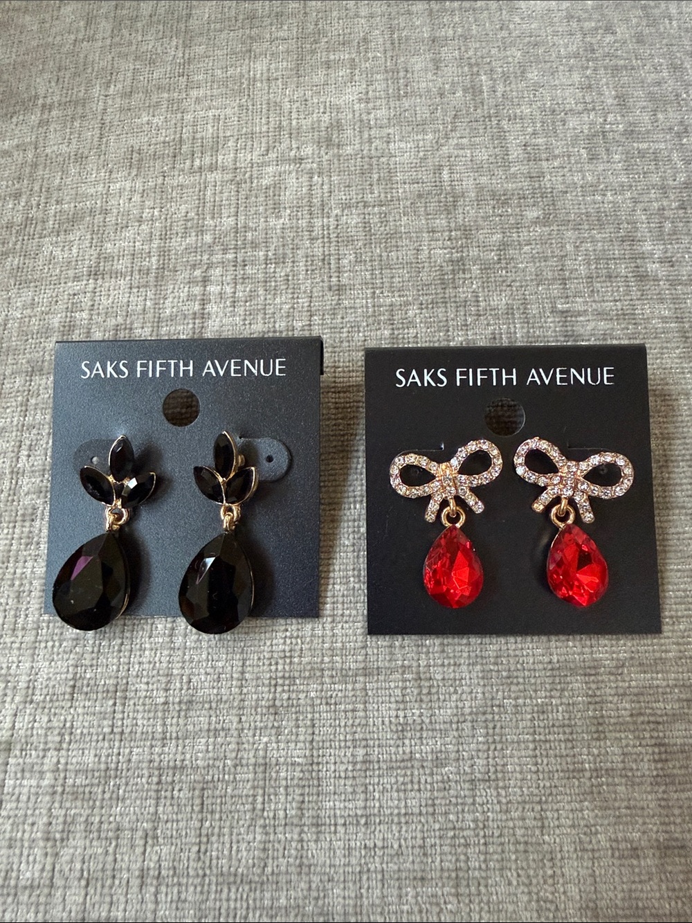 Saks Fifth Avenue Black and Red Teardrop Crystal Drop Earrings Duo